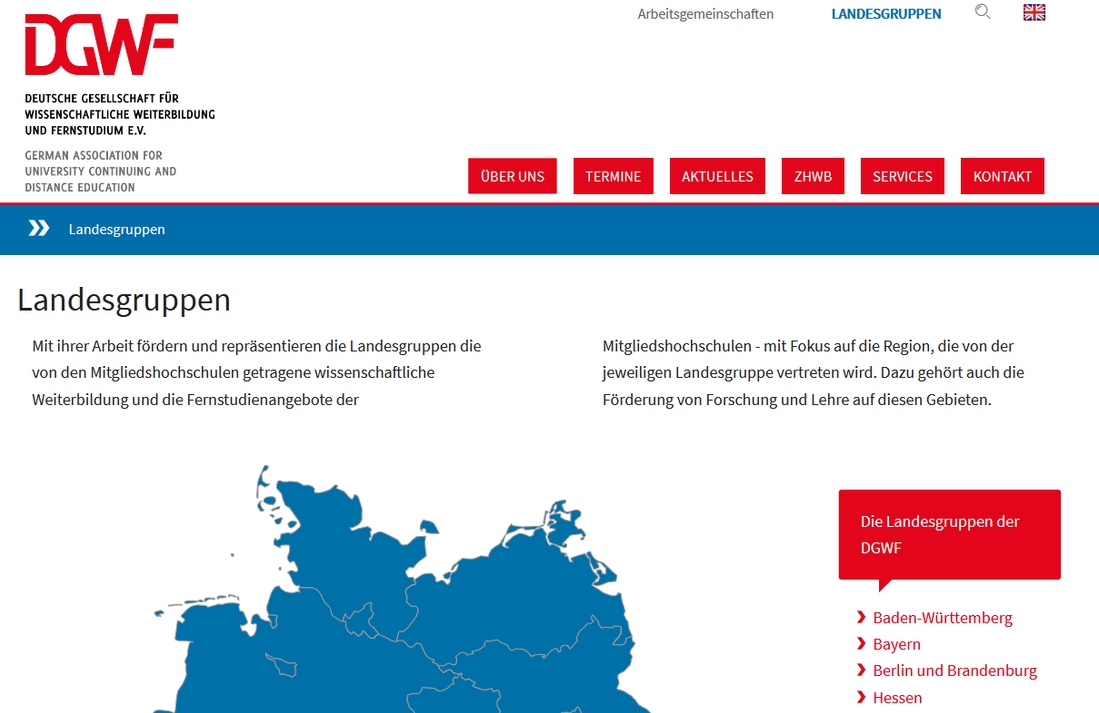 Website der DGWF mit Übersicht der Landesgruppen